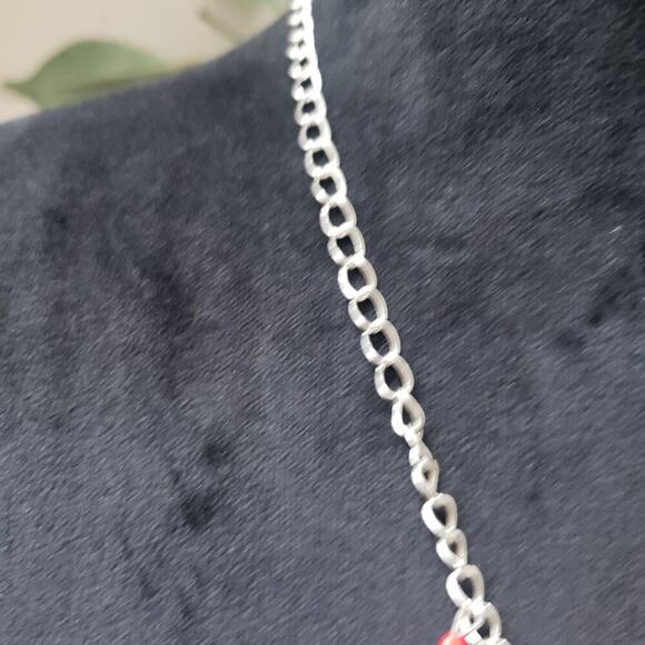 Womens Silver Chain Binge Red Stone Beaded Statement Necklace with Lobster Clasp - Picture 7 of 8